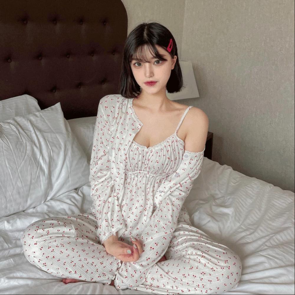 Cherry strap adjustable banding sleeveless strap Sleeveless + Spandex straight pants + Ribbed lace frill cardigan all seasons pajamas pajamas homewear set ivory
