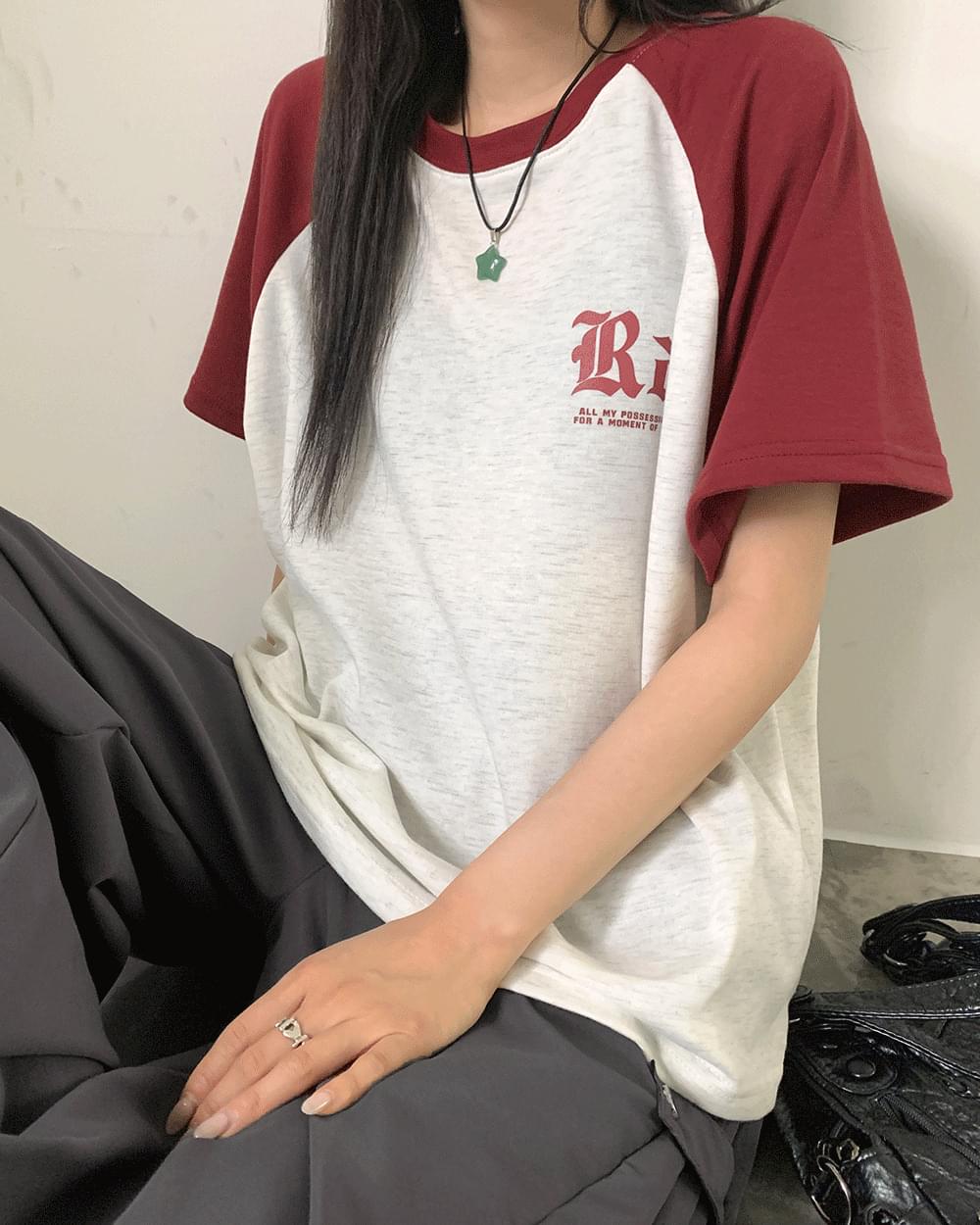千木ナグラン配色ボクシー半袖Tシャツ