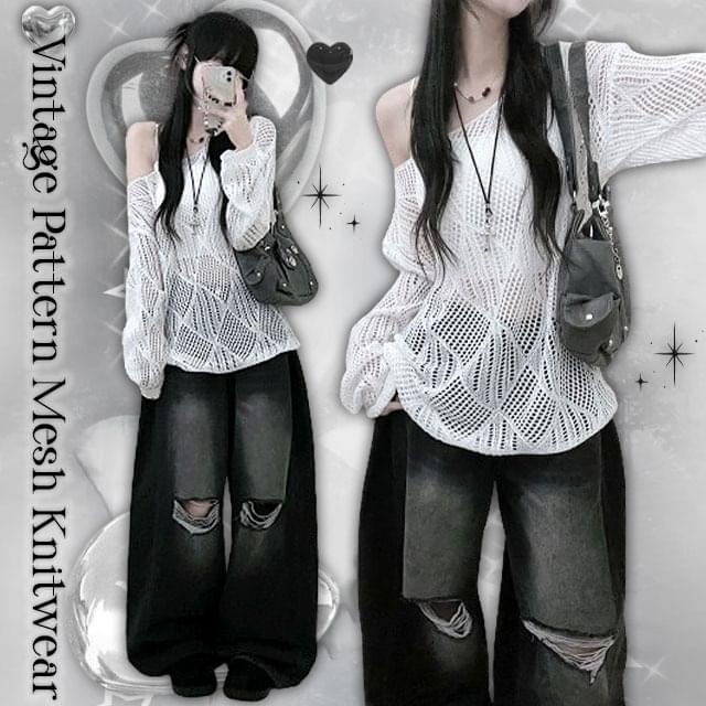 Tinidaia mesh punching see-through long-sleeved knitwear
