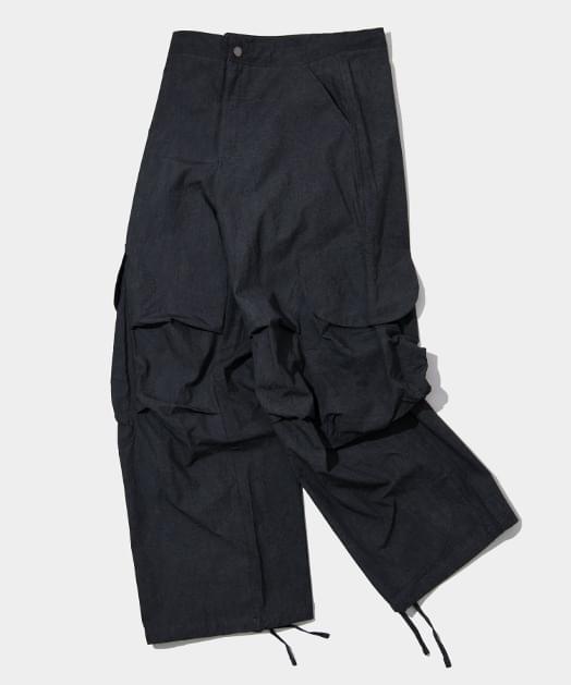 Multi-pocket pig-dyed Faded cargo wide string pants