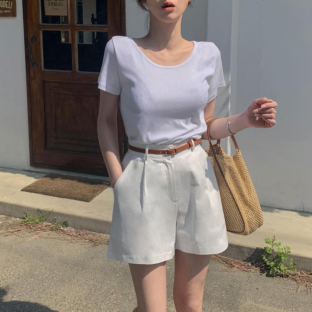 *Wrinkle-free* Ribbed U-neck plain short sleeve t-shirt Spandex inner basic layered spring summer basic daily casual look 7COL 短袖上衣