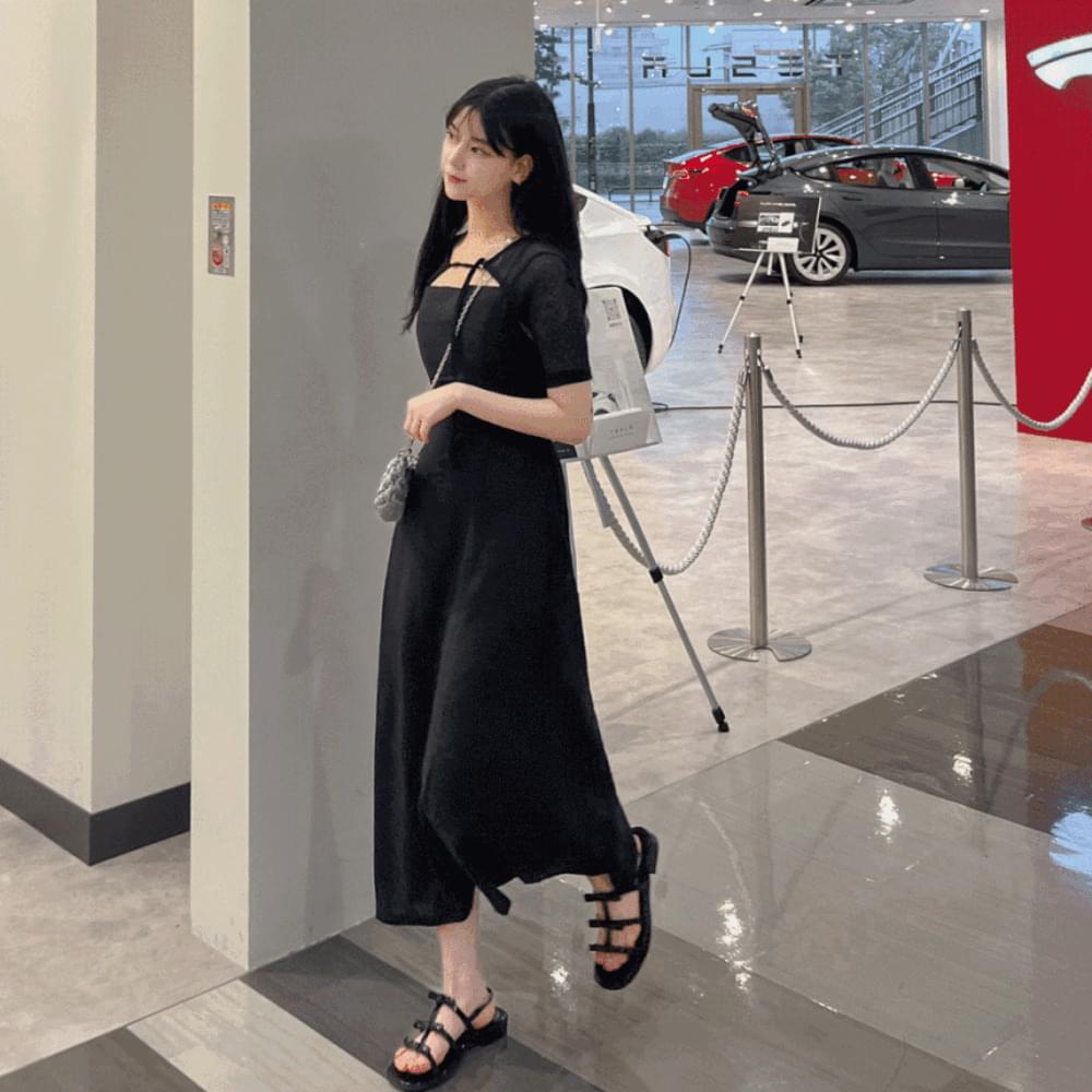 Linen strap Sleeveless slip A-line long Dress H-line zipper layered bustier long Dress All seasons vacation resort travel look Black Ivory Sora