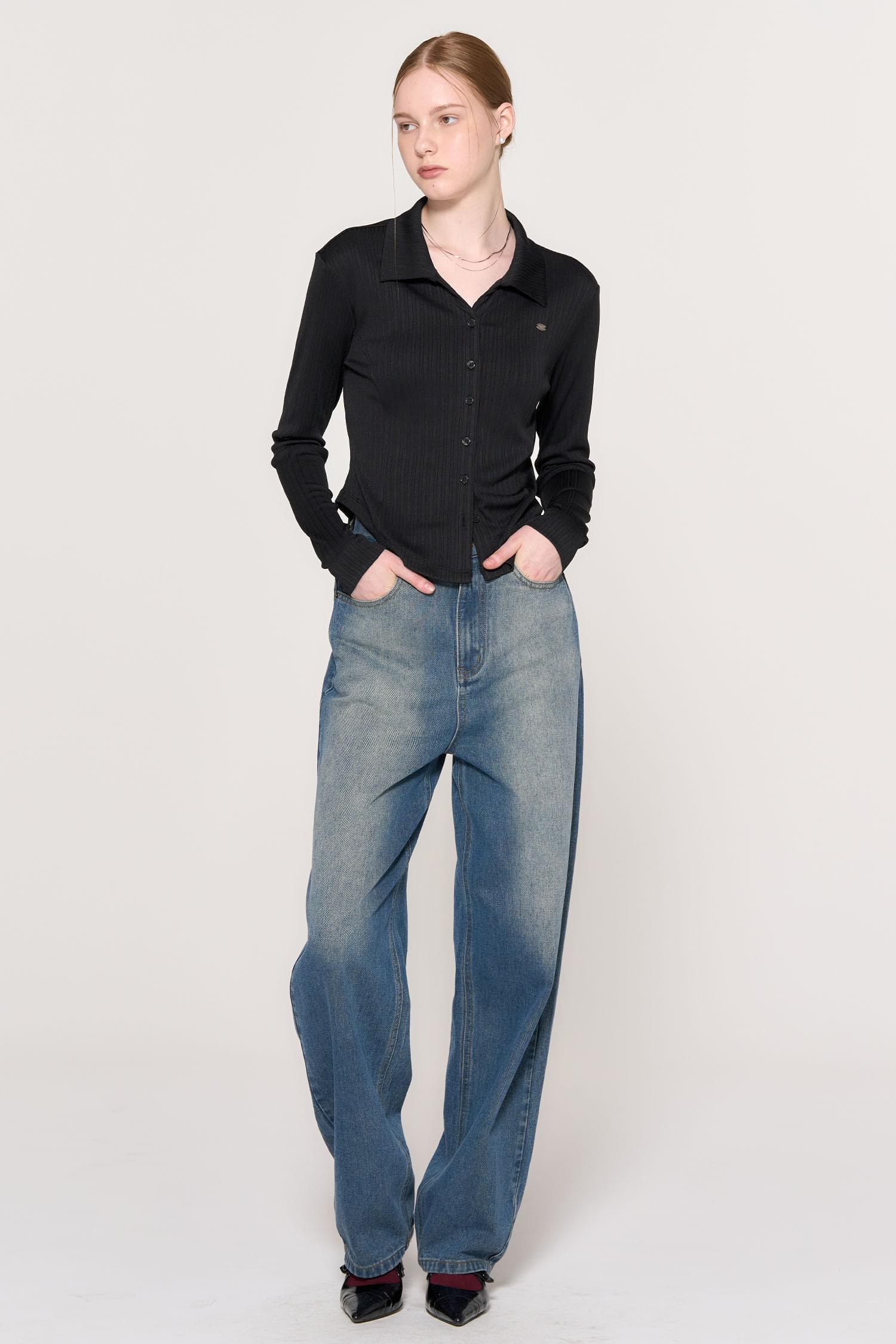WOMAN Open collar ribbed shirt