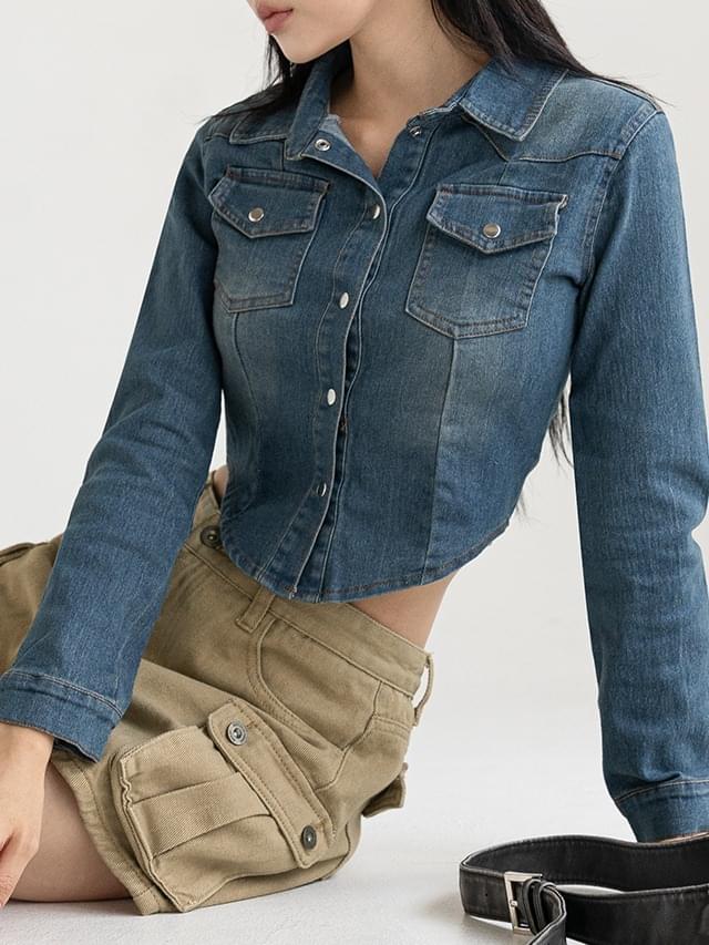 55-77 Bluefit Spandex Vintage Denim Faded Uneven Crop Long Sleeve Shirt Blue Shirt