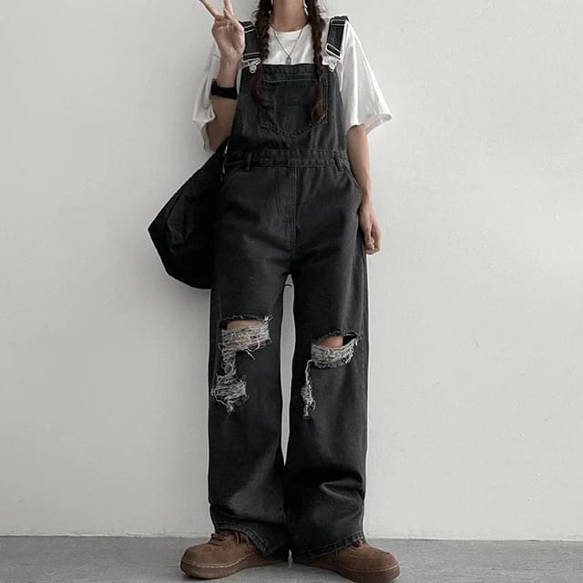 Redon Black Denim Damage Overalls Melange Pants