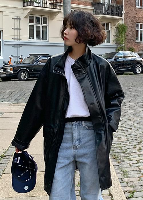 High neck overfit leather jacket