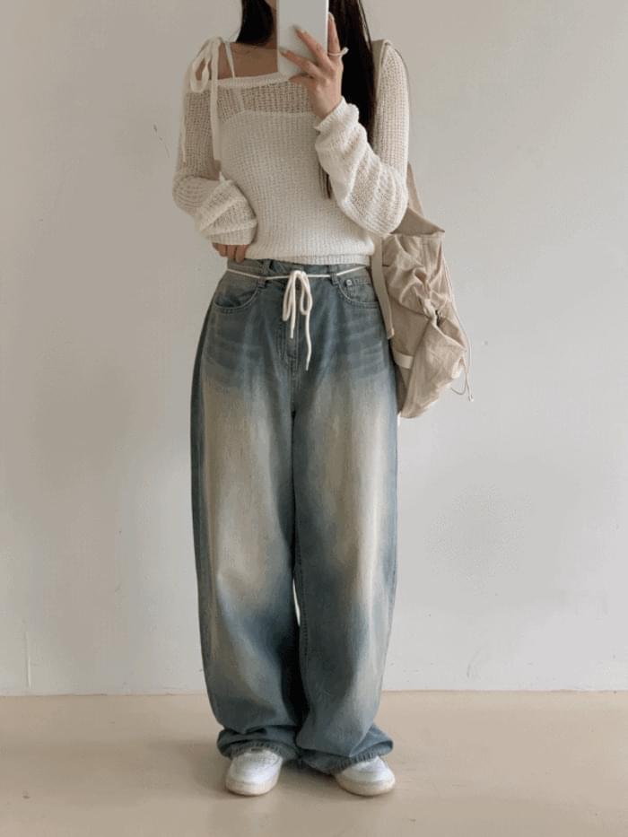 Vintage string cat brush Faded wide denim pants