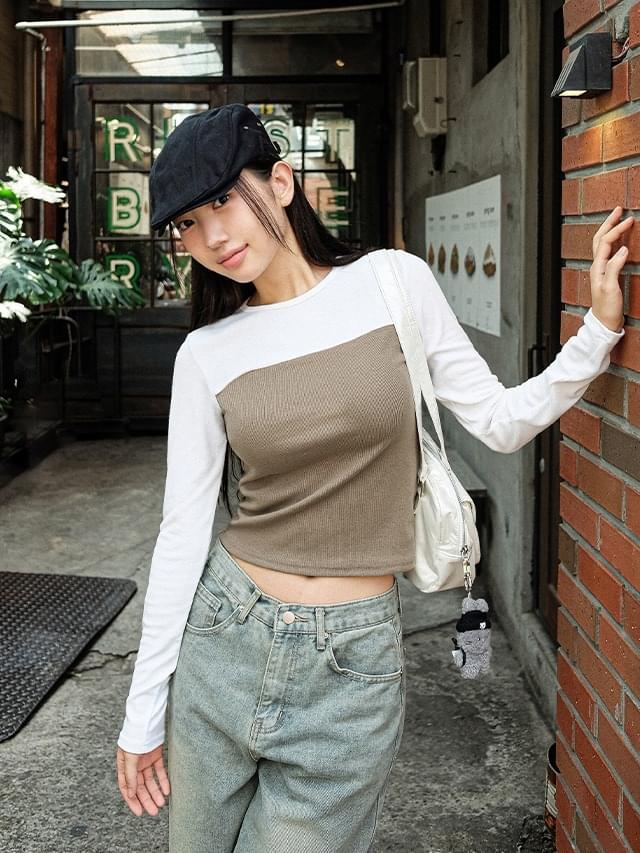 55-77 Melid Gold Ribbed Block Tube Top Layered Long Sleeve T-Shirt