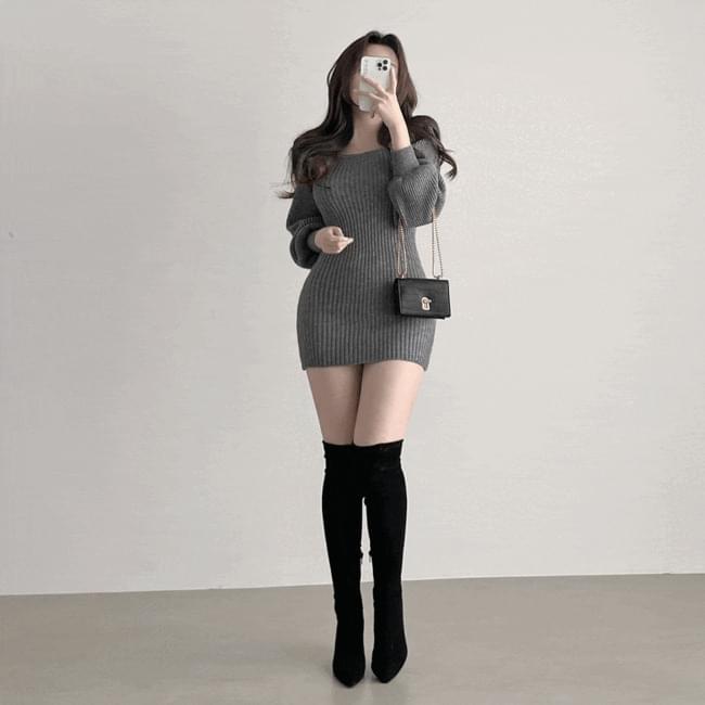 Ganadaran Slim Fit Thick Puff Square Neck Knitwear Dress 2 Colors
