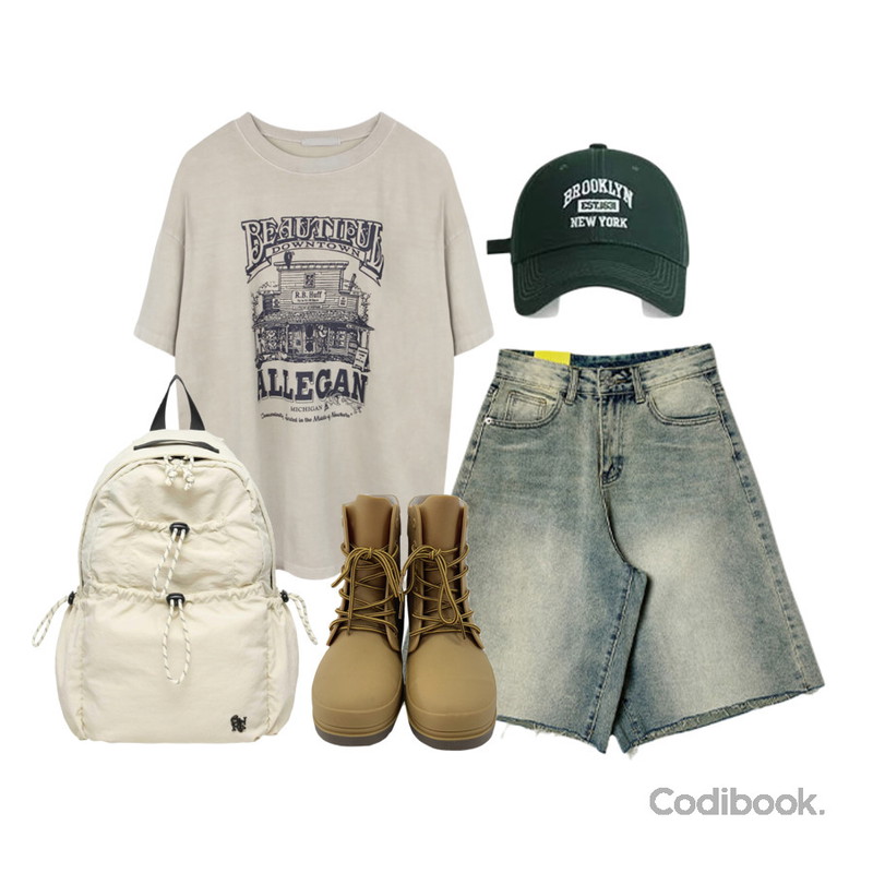 GENERALIDEA UNISEX 유틸리티 백팩,anyonemore 펀스 워싱 데님 버뮤다 팬츠 (2color),AAKE WALKER RAIN BOOTS (beige)등을 매치한 코디