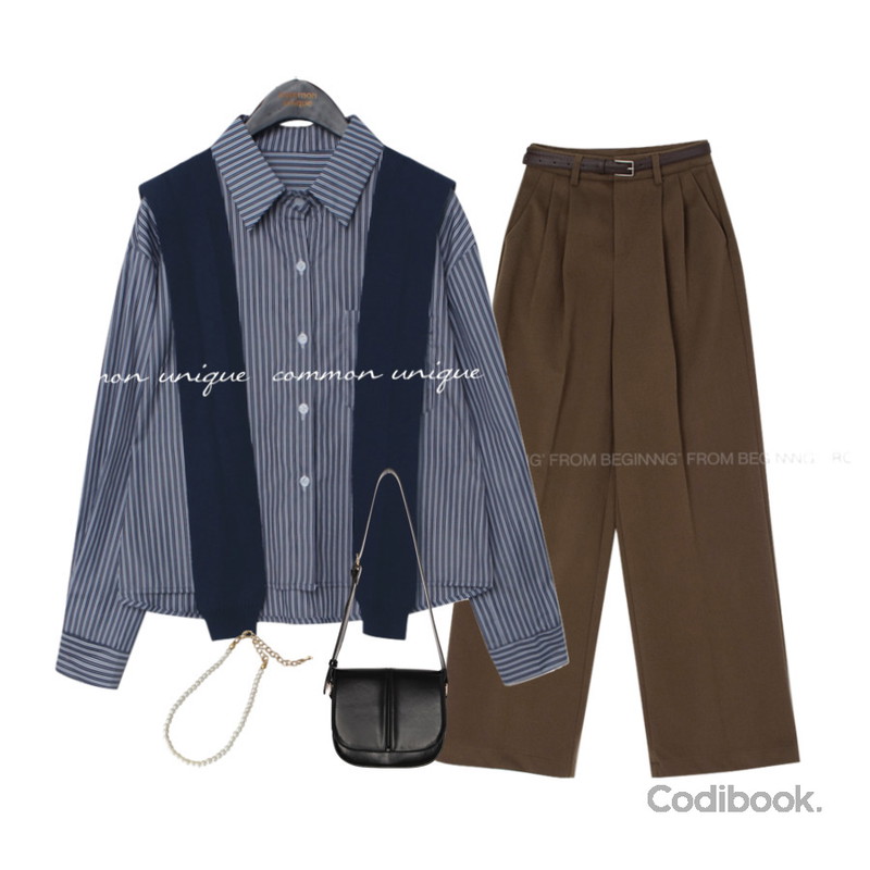 dangosister 코킹진주팔찌(1c),common unique 베스톤 미디움 레더 백,From Beginning 벨트SET 모직와이드슬랙스(3color)등을 매치한 코디