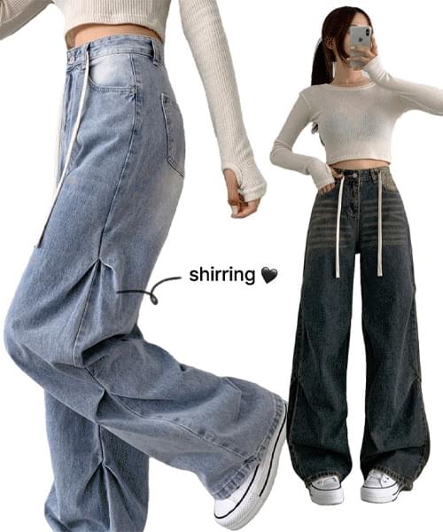 Knee side pin tuck balloon waist adjustable wide fit denim pants