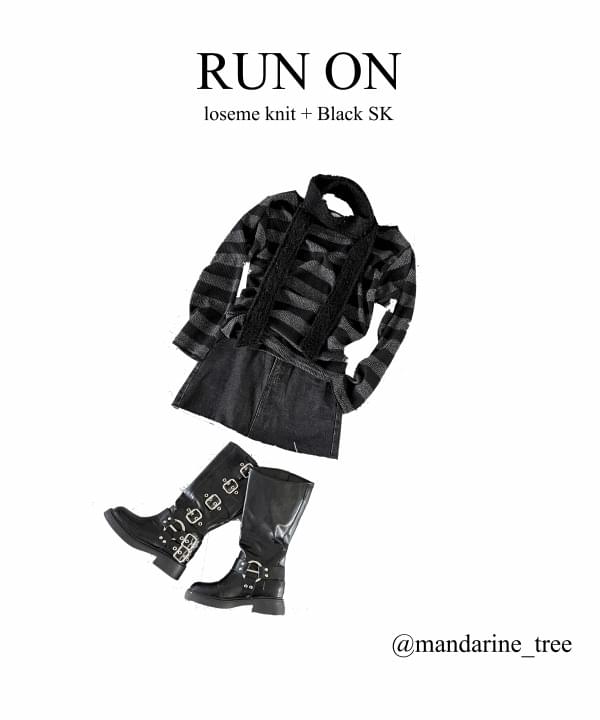 Run-on Loose-fit Striped Knitwear Black Denim denim cutting miniskirt 2 colors