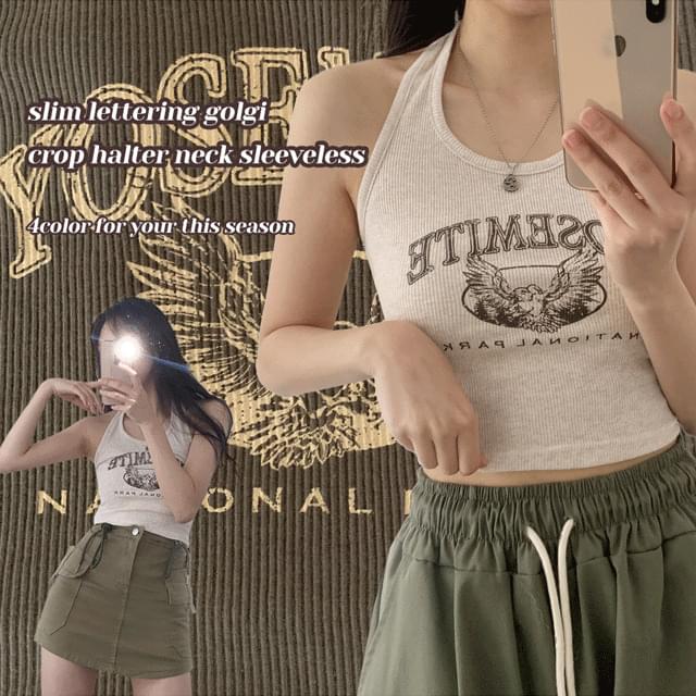 1+1] Kir Slim Lettering Ribbed Cropped Halter Neck Sleeveless [Summer New/Summer Tee/y2k/Vintage/Festival/Top