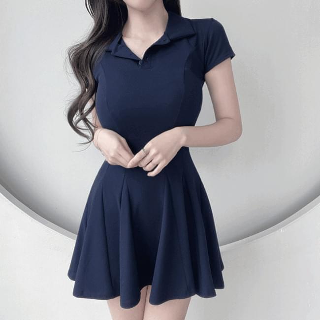 Canadian short sleeve collar line flare mini Dress 2 colors (Ships Today)