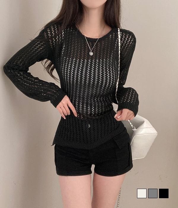 Mot Sheer Uneven Punching Backless Ribbon Long Sleeve Knitwear