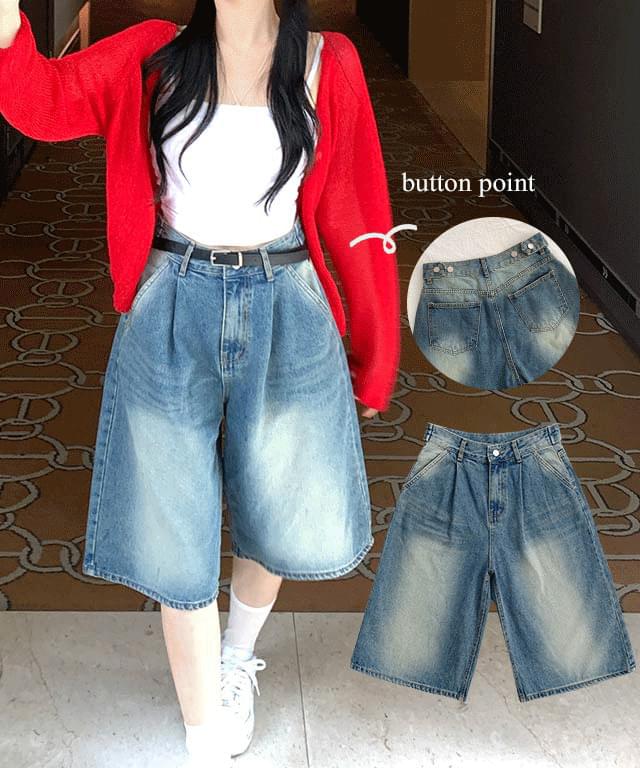 Binble Waist Adjustable V-neck Pin Tuck Wide Denim Vintage Faded Bermuda Pants Trousers Shorts