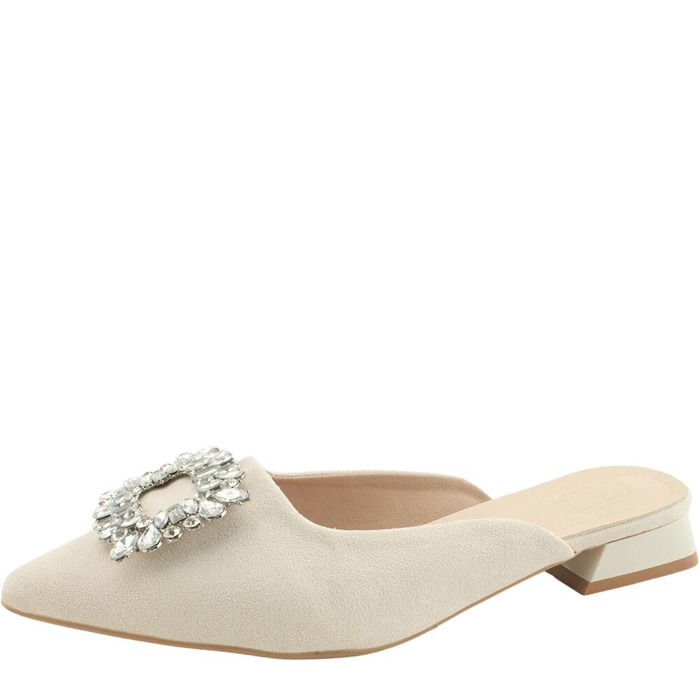 Cubic stiletto heel suede mule low heel loafer beige