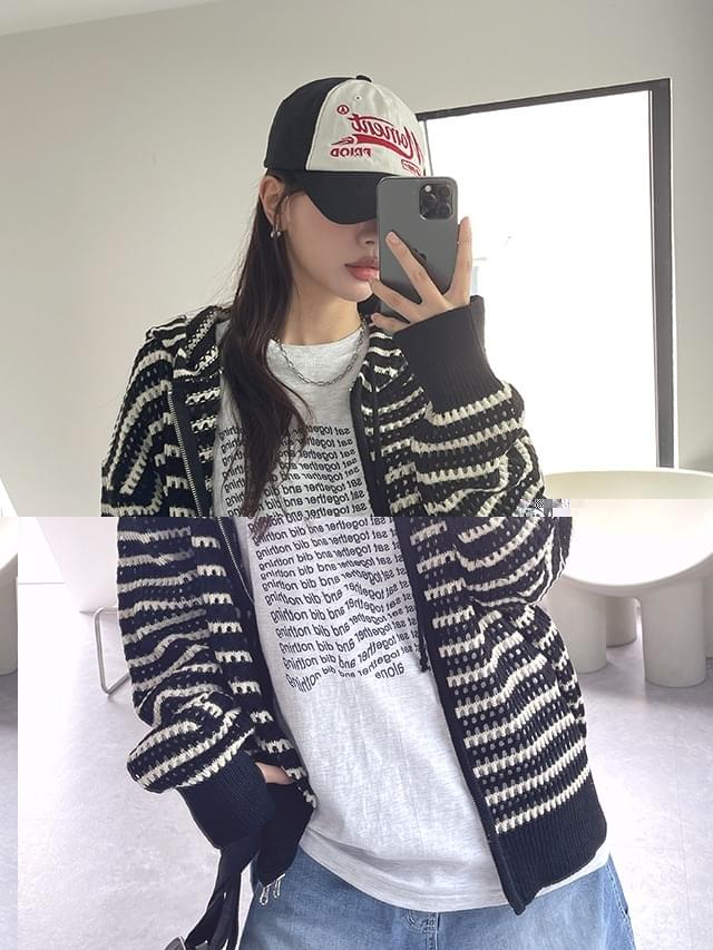 Big Size 55-99 Jimmy Unisex Stripe Two Way Net Knitwear Overfit Warmer Hooded Zip-up