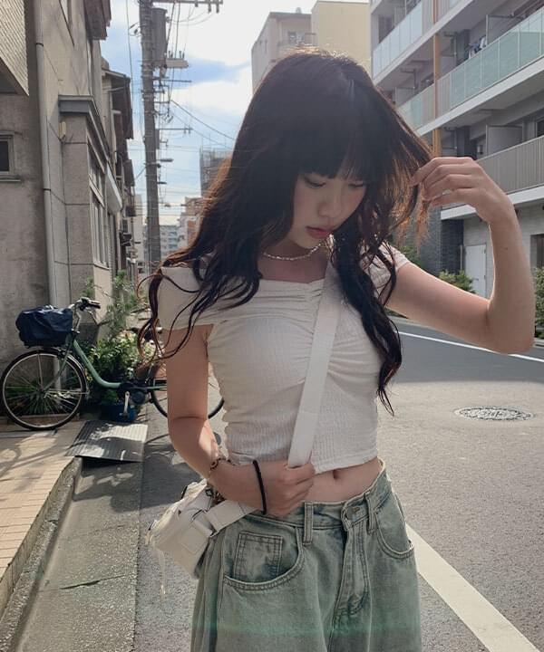 Monty Off Shoulder Shirring Sleeveless T-Shirt (Ships Today)