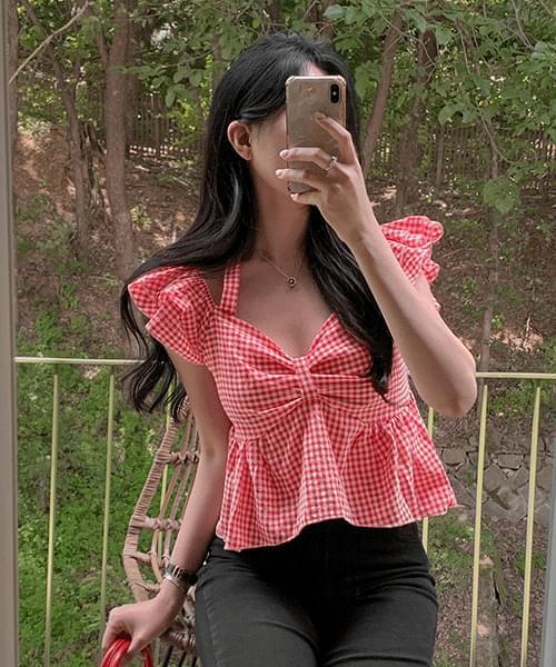 Moss check off-halterneck blouse (Ships Today)