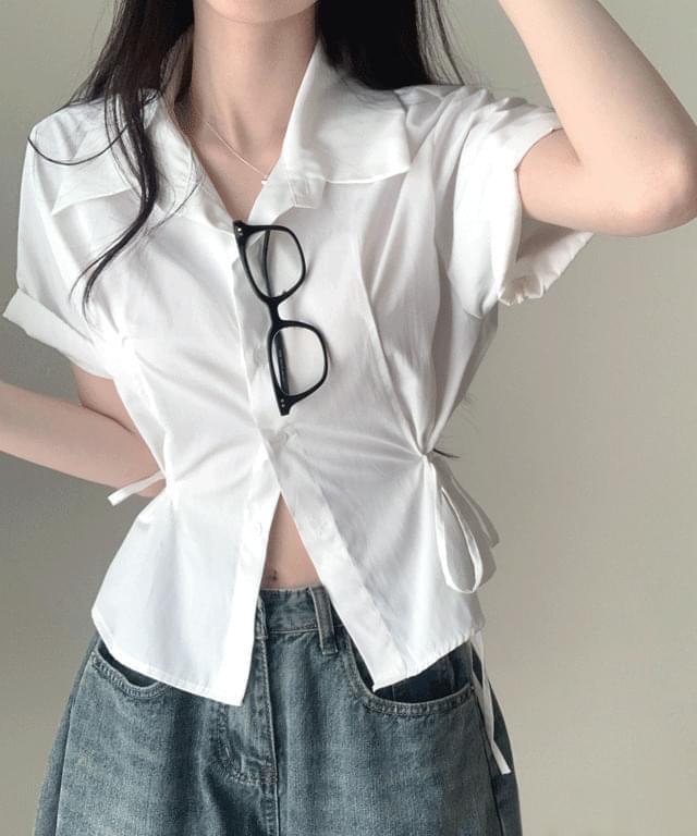 Onew Ribbon Tie Two-way Short Sleeve Collar Shirt Shirt Blouse (Ships Today)