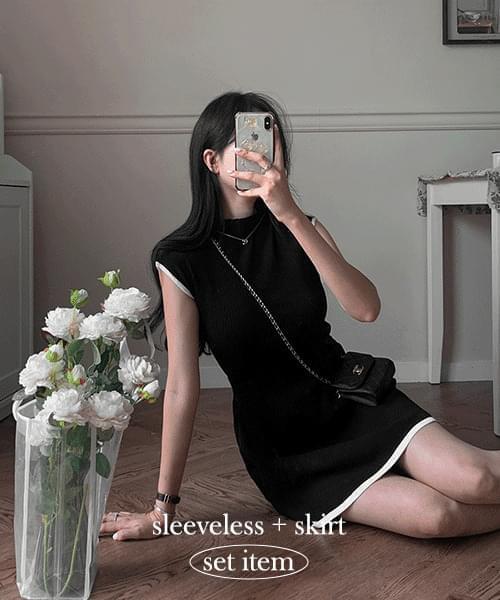 Poet color combination Sleeveless Knitwear t + mini skirt (Ships Today)