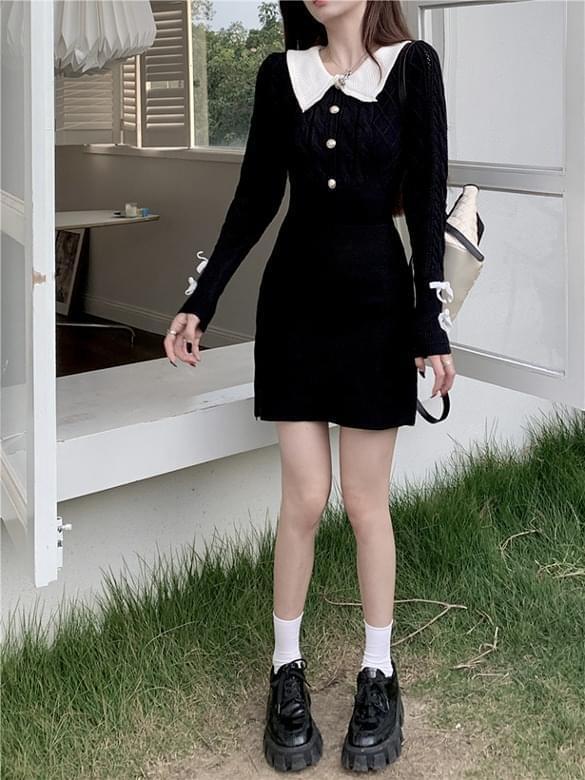 French Collar Sweater Knitwear Mini Dress (Ships Today)