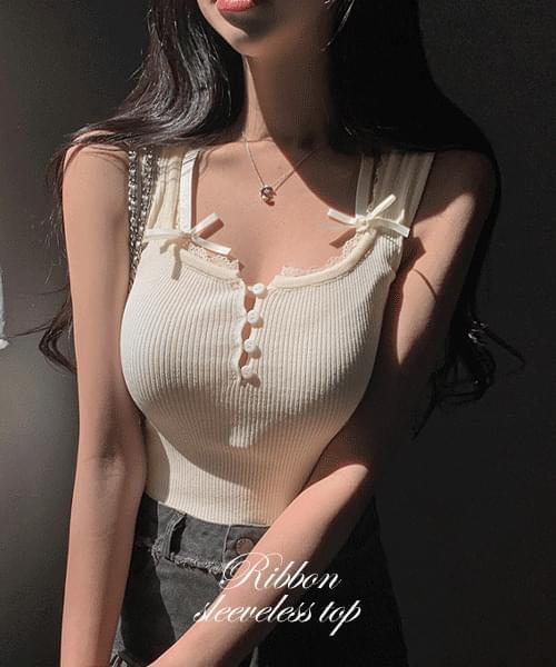 ** Melody Ribbon Button Sleeveless Knit (Ships Today)