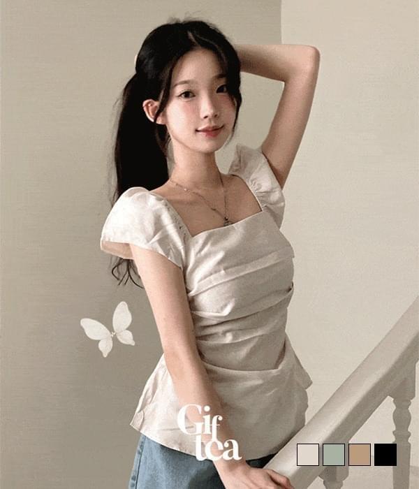 The Liz back ribbon shirring smoke off-shoulder short sleeve blouse (Ships Today)