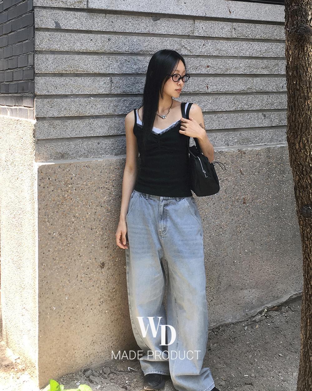 Betz light Faded back banding denim long wide pants (Ships Today)
