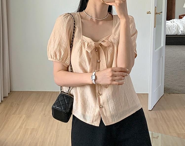 Witty Dendy Wrinkle Linen Puff Ribbon Blouse (Ships Today)