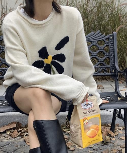 Sweet end point floral round neck Knitwear (Ships Today)
