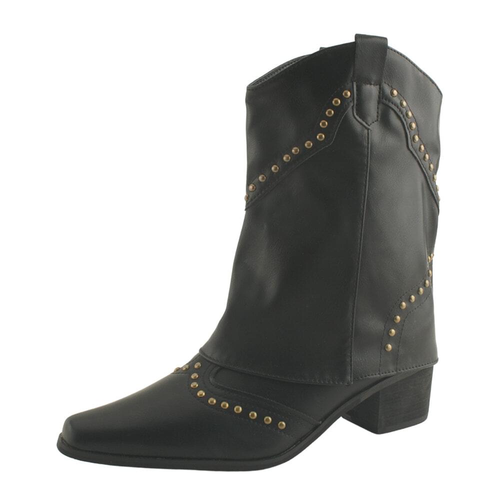 Studded Unique Mid Heel Western Boots Black