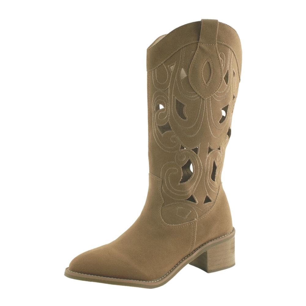 Embroidered Open Suede Mid Heel Western Boots