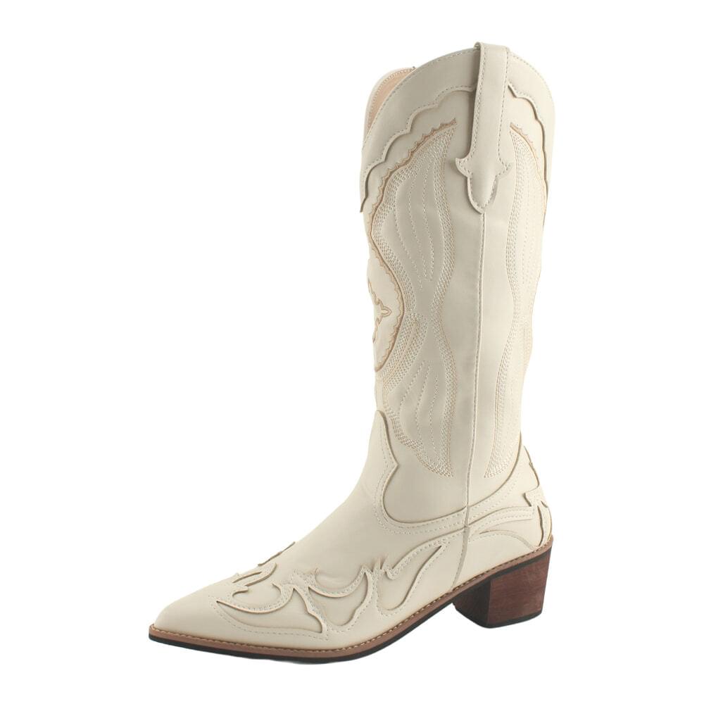 Ethnic embroidery mid heel western boots 5cm ivory