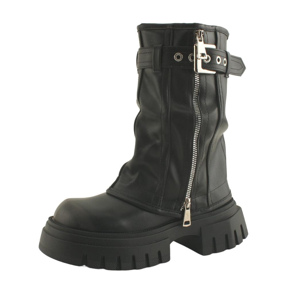Buckle Zipper Warmer Walker Block Heel Mid Boots Black