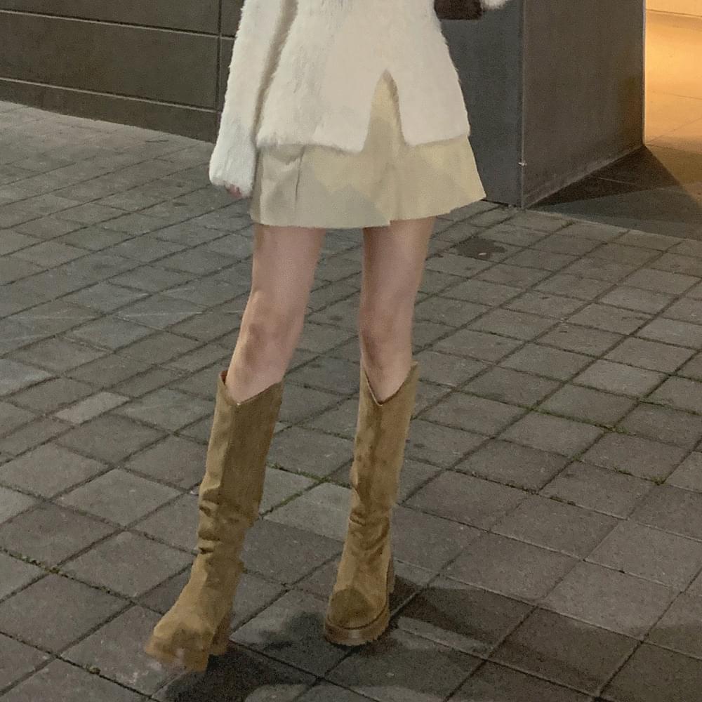 Suede shirring high heel boots roll-up slim wrinkle round nose pleated slouchy half fall winter boots long boots wedding guest look college look date look beige black 6 sizes