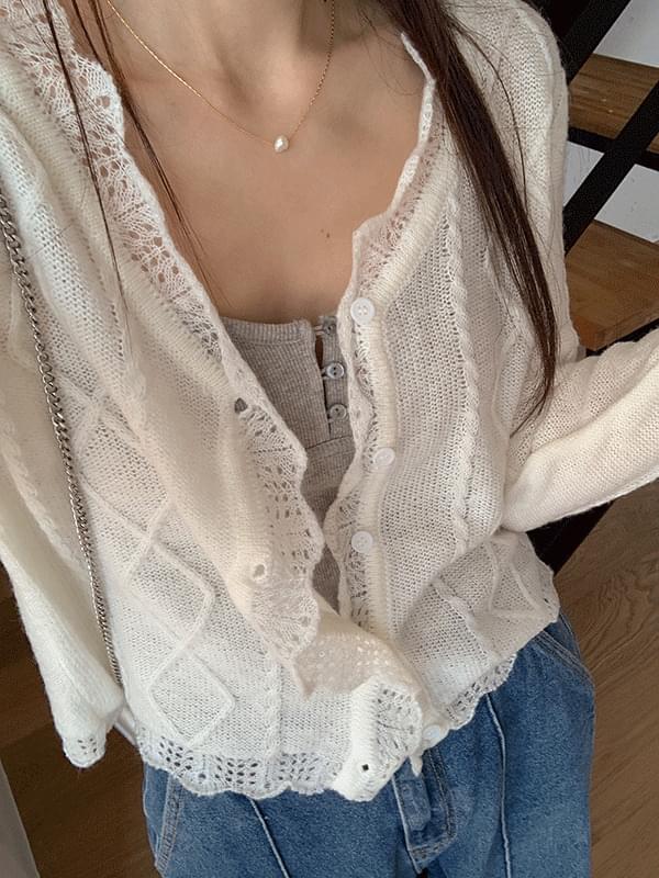 Hazel Spring V- V-Neck Wool Ruffle Cable Crop Knitwear Cardigan