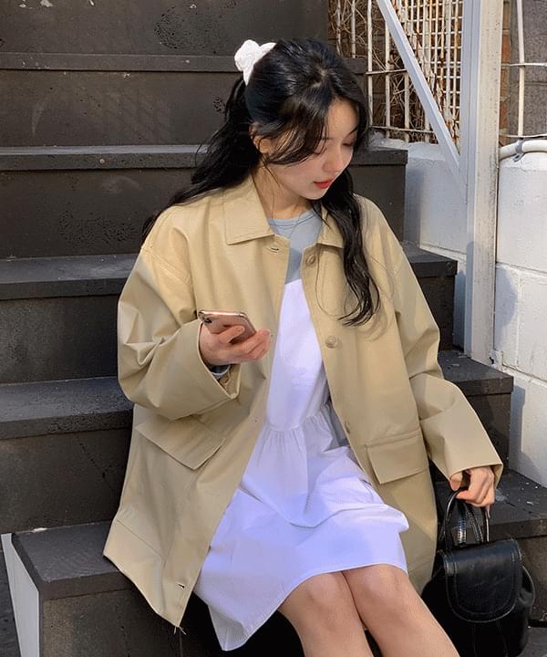 Kerodin leather collar midi jacket -2color
