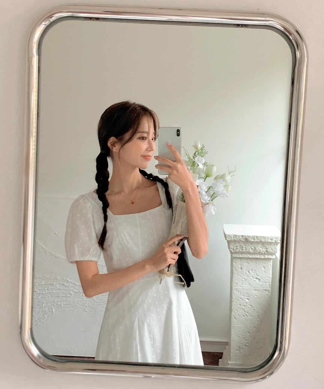 Merid Square Flower Puff Long One Dress