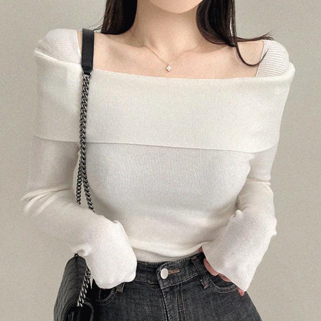Soft Rose Off Shoulder Square Neck Knitwear 4 Colors