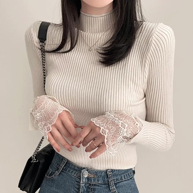 Feminine mood sleeve lace half Turtleneck Knitwear 2 colors
