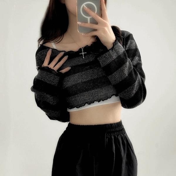 Donut Stripe Crop Knitwear Long Sleeve T-shirt 2color