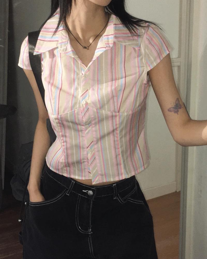 Noshe Vintage Striped Slim Short Sleeve Shirt