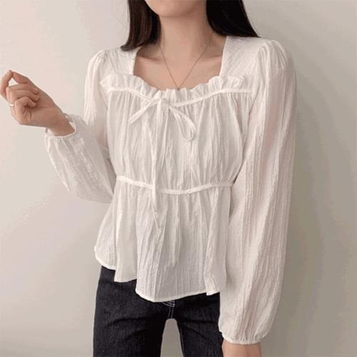 Soft ~ Square Chiffon Ribbon Cropped Long Sleeve Blouse
