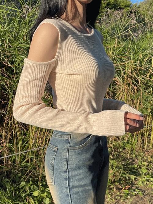 Cashmere shoulder slit Ribbed Knitwear T#YW1137