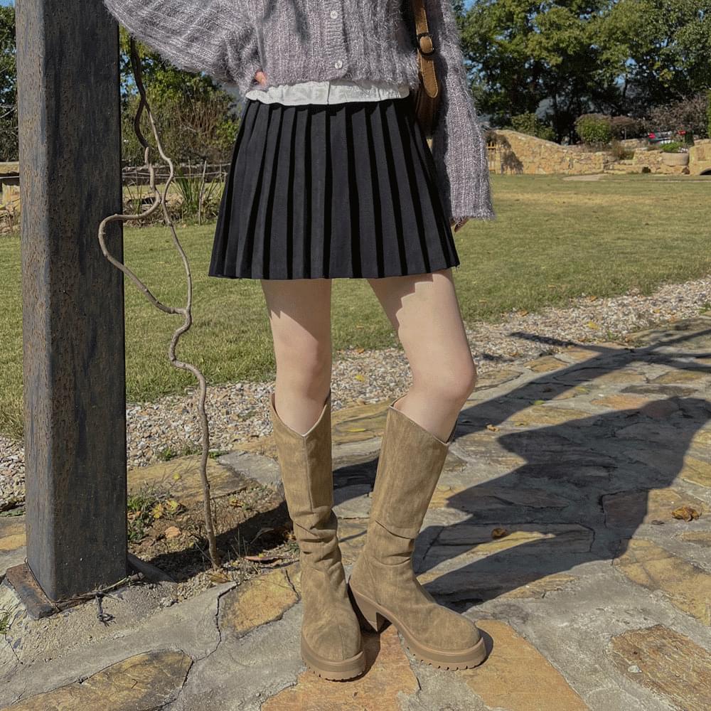 Suede shirring high heel boots roll-up slim wrinkle round nose pleated slouchy half fall winter boots long boots wedding guest look college student look date look beige black 6 sizes