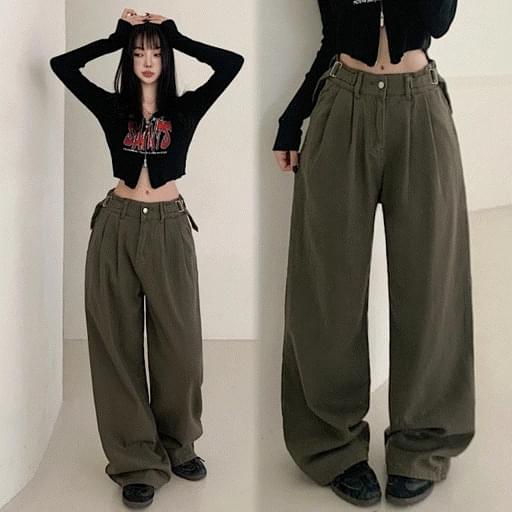 Side Buckle Semi Wide Long Pants 2 Colors