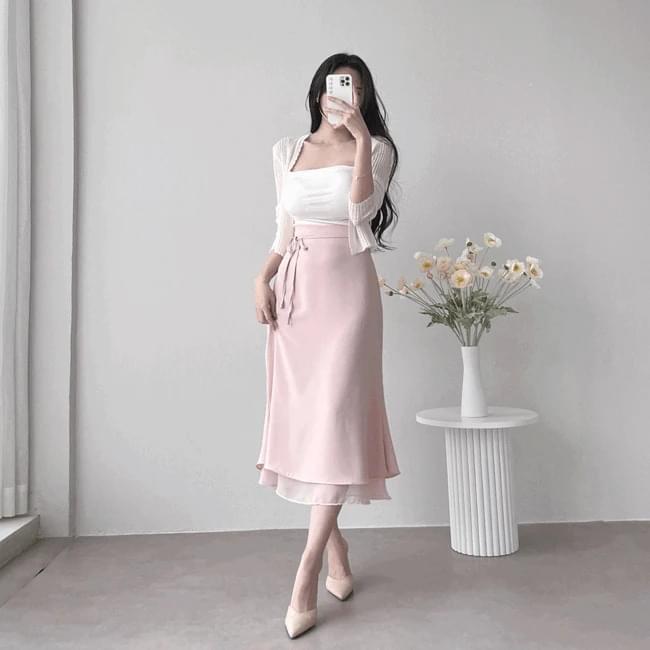Double chiffon strap ribbon semi mermaid long skirt in 4 colors